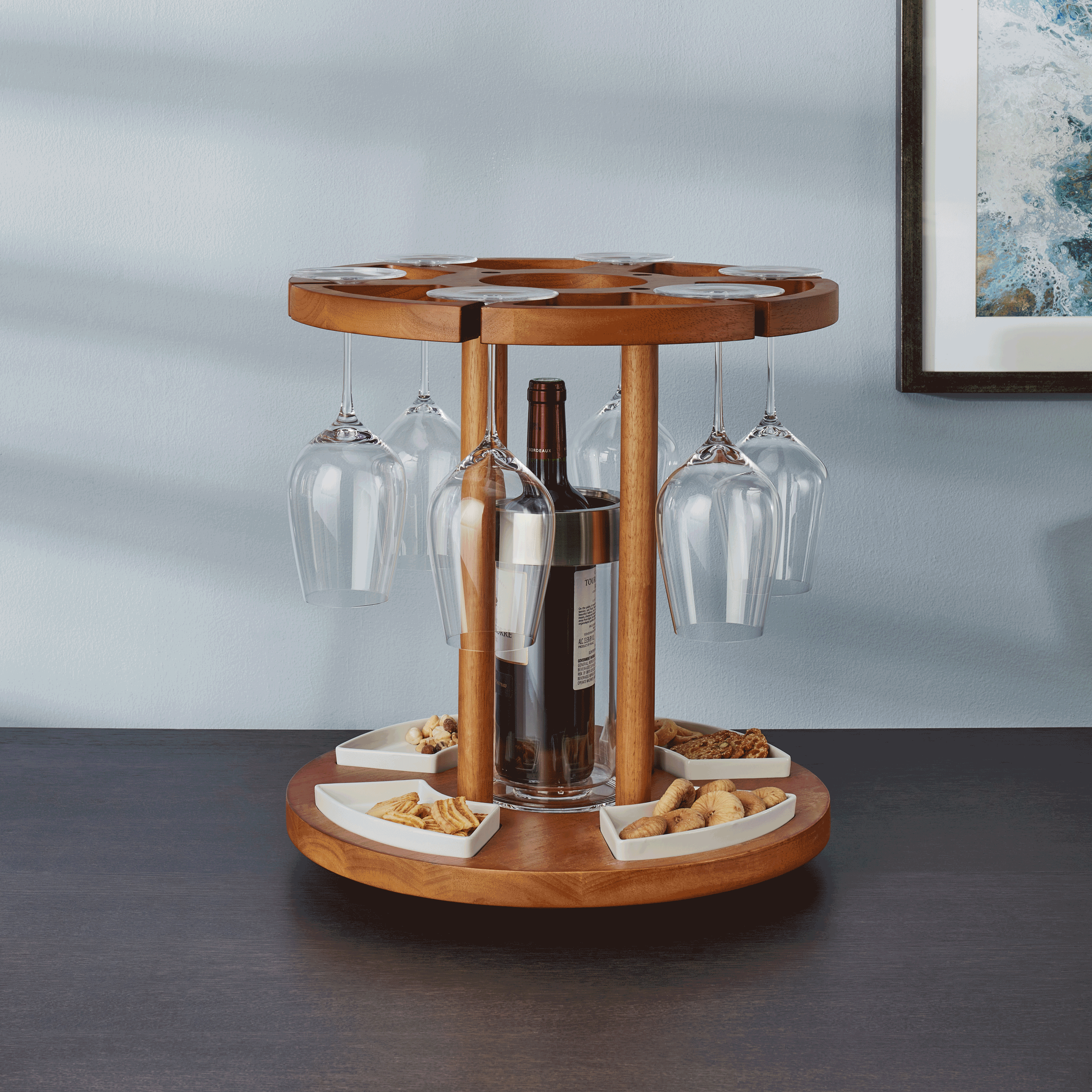 Animated image of Wine Serving Carousel with Snack Tray and Bottle Chiller