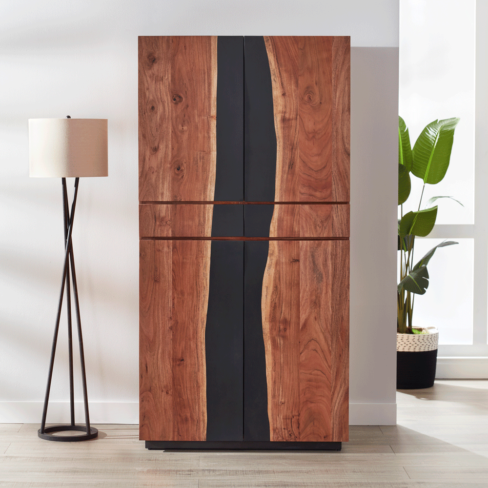 Animated image of Navarra Acacia Wood and Resin Inlay Bar Cabinet with Cooling Storage Option