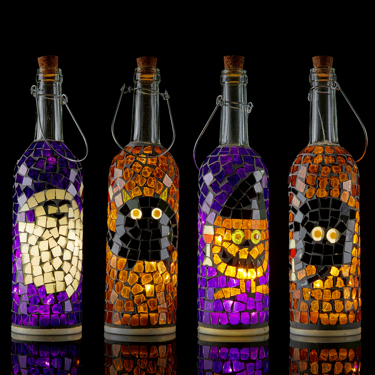 Animated image of Halloween Mosaic Wine Bottle Lanterns (Set of 4)