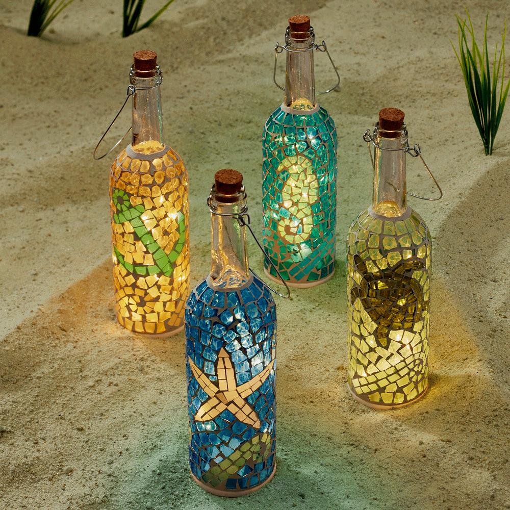 Animated image of Ocean Mosaics Wine Bottle Lanterns (Set of 4)