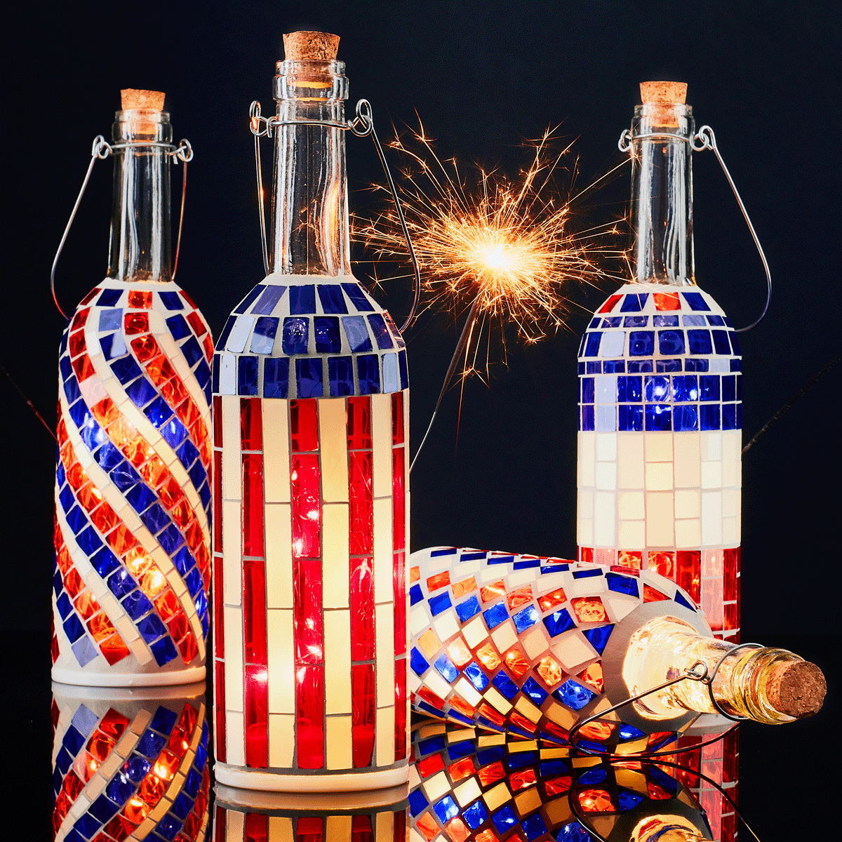 Animated image of Americana Mosaics Wine Bottle Lanterns